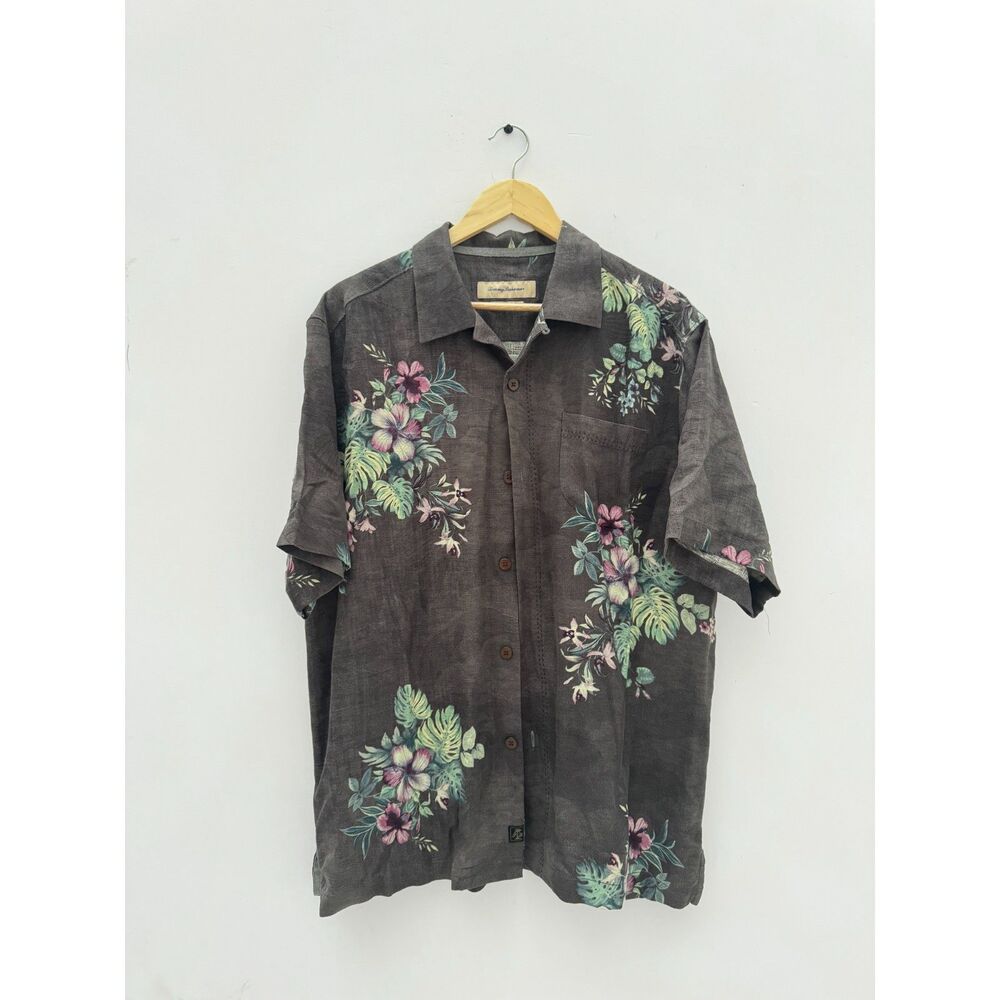 Tommy Bahama Men Large Silk Floral Tropical Camp Shirt Charcoal Grey Purple L